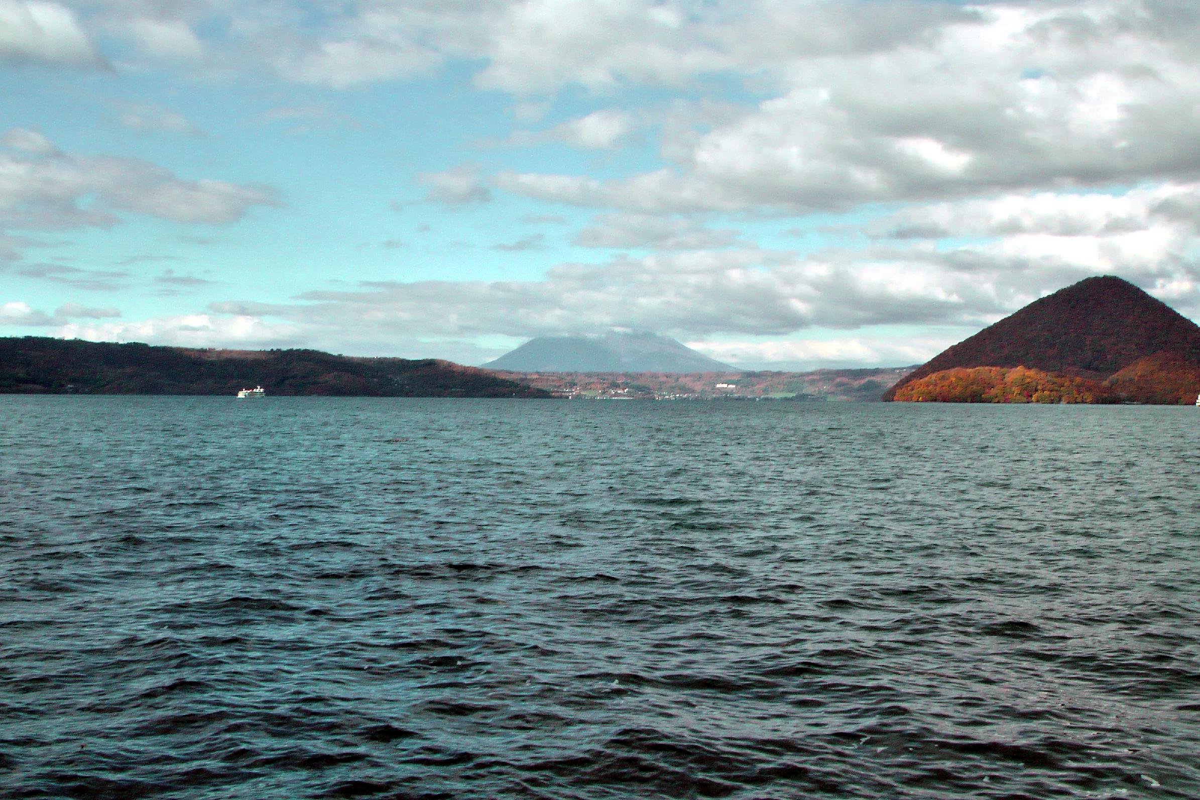 Lake Toya and Mt. Yotei with its peak covered in clouds